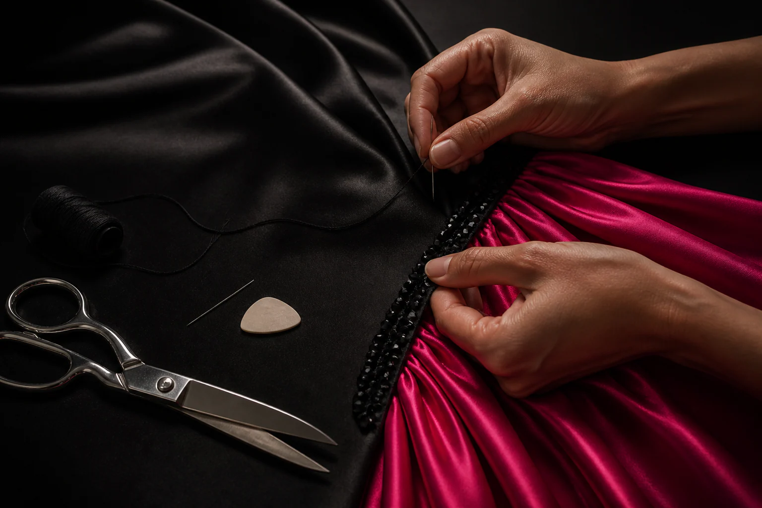 Couture hands stitching black crystal embellishment where black satin meets fuchsia silk